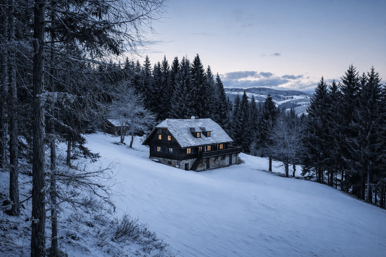 Abendliche Winterlandschaft mit beleuchtetem Holzhaus, umgeben von verschneiten Bäumen und Hügeln.