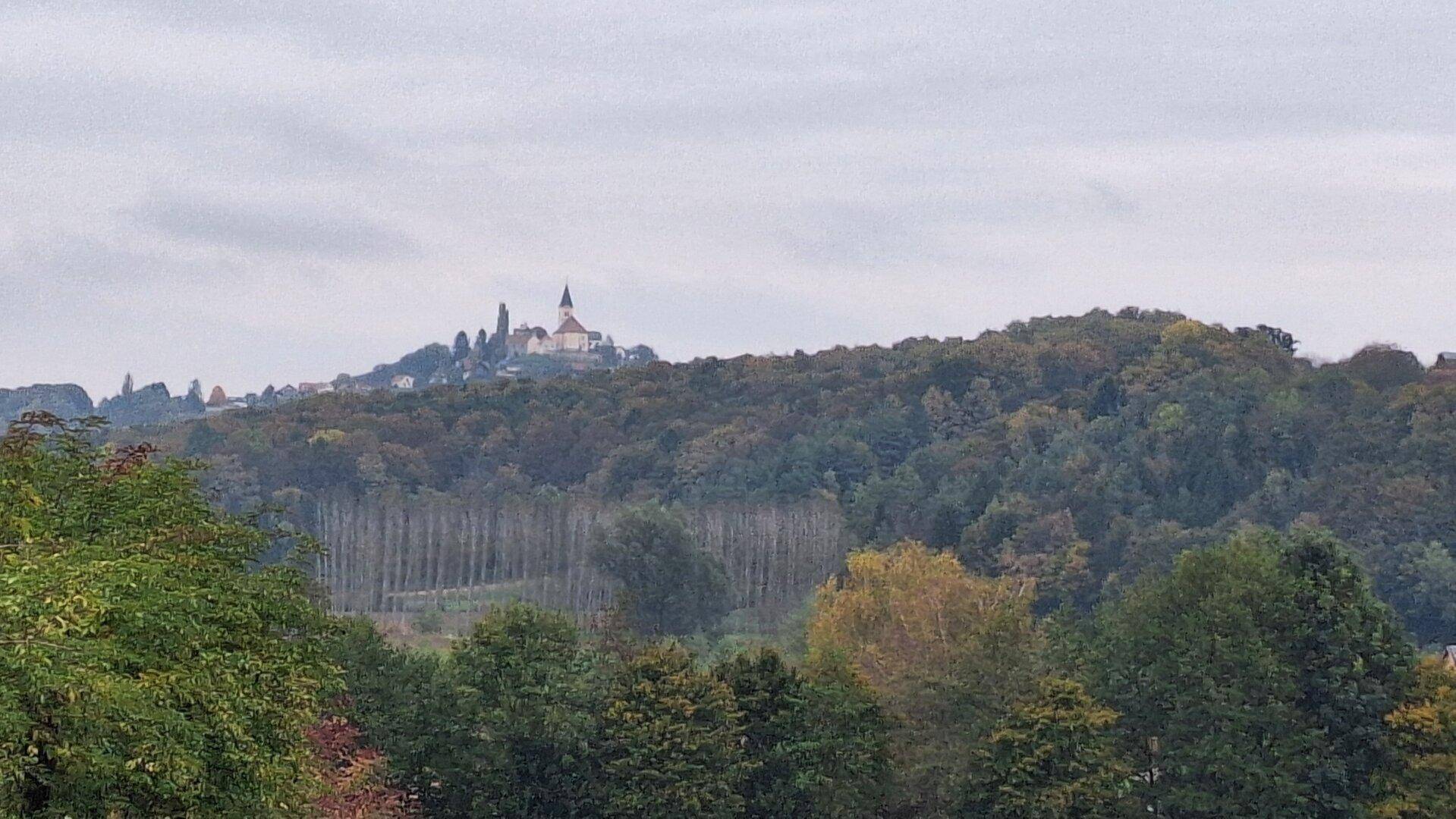 Bewaldeter Hügel mit einer Kirche und Gebäuden auf dem Gipfel unter einem bewölkten Himmel.