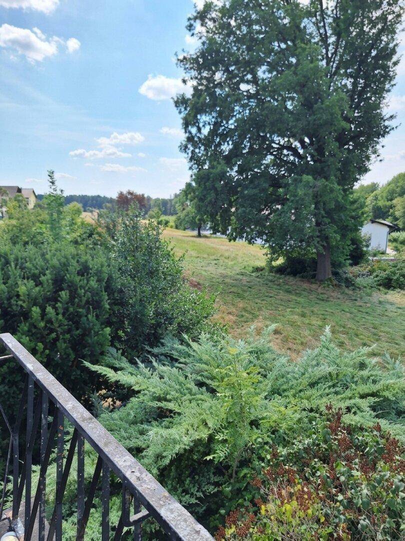 Malerischer Ausblick von einem Balkon auf eine weite grüne Landschaft mit Bäumen und Feldern.