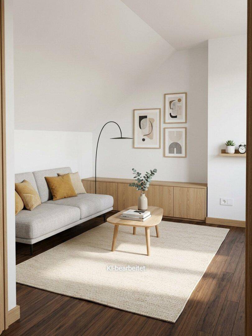 Helles, modern eingerichtetes Wohnzimmer mit Dachschräge, Holzboden und minimalistischer Dekoration.