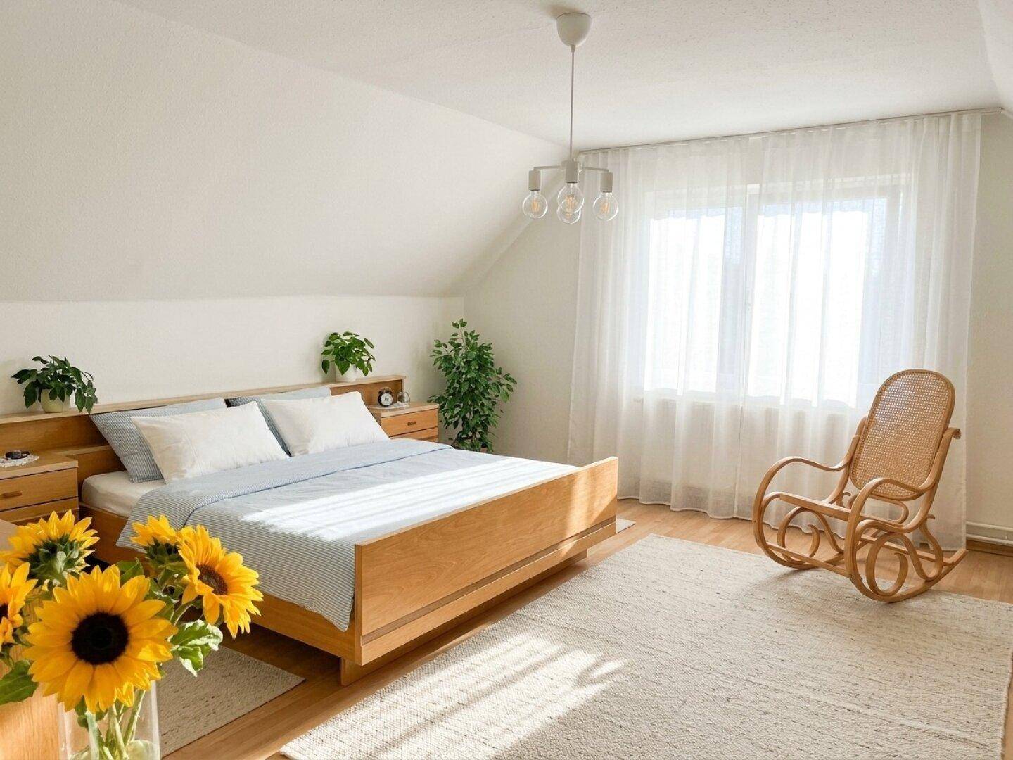 Helles, modernes Schlafzimmer mit Holzbett, Schaukelstuhl und großem Fenster mit viel Licht.