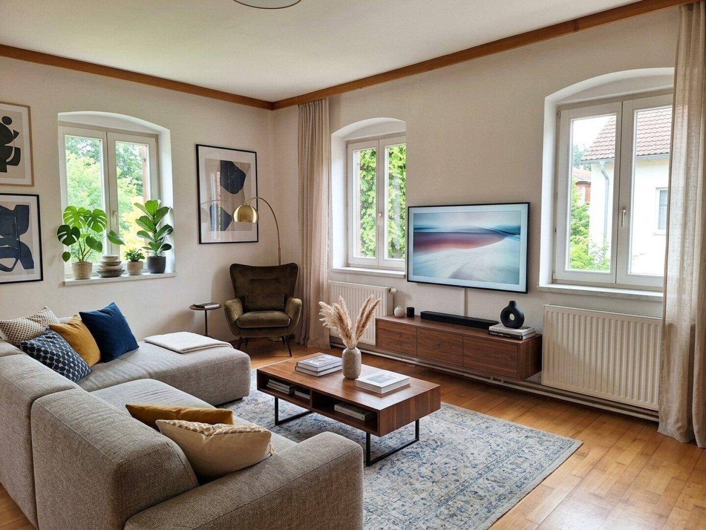 Gemütliches Wohnzimmer mit großem Sofa, Fernseher und vielen Fenstern, die den Raum erhellen.
