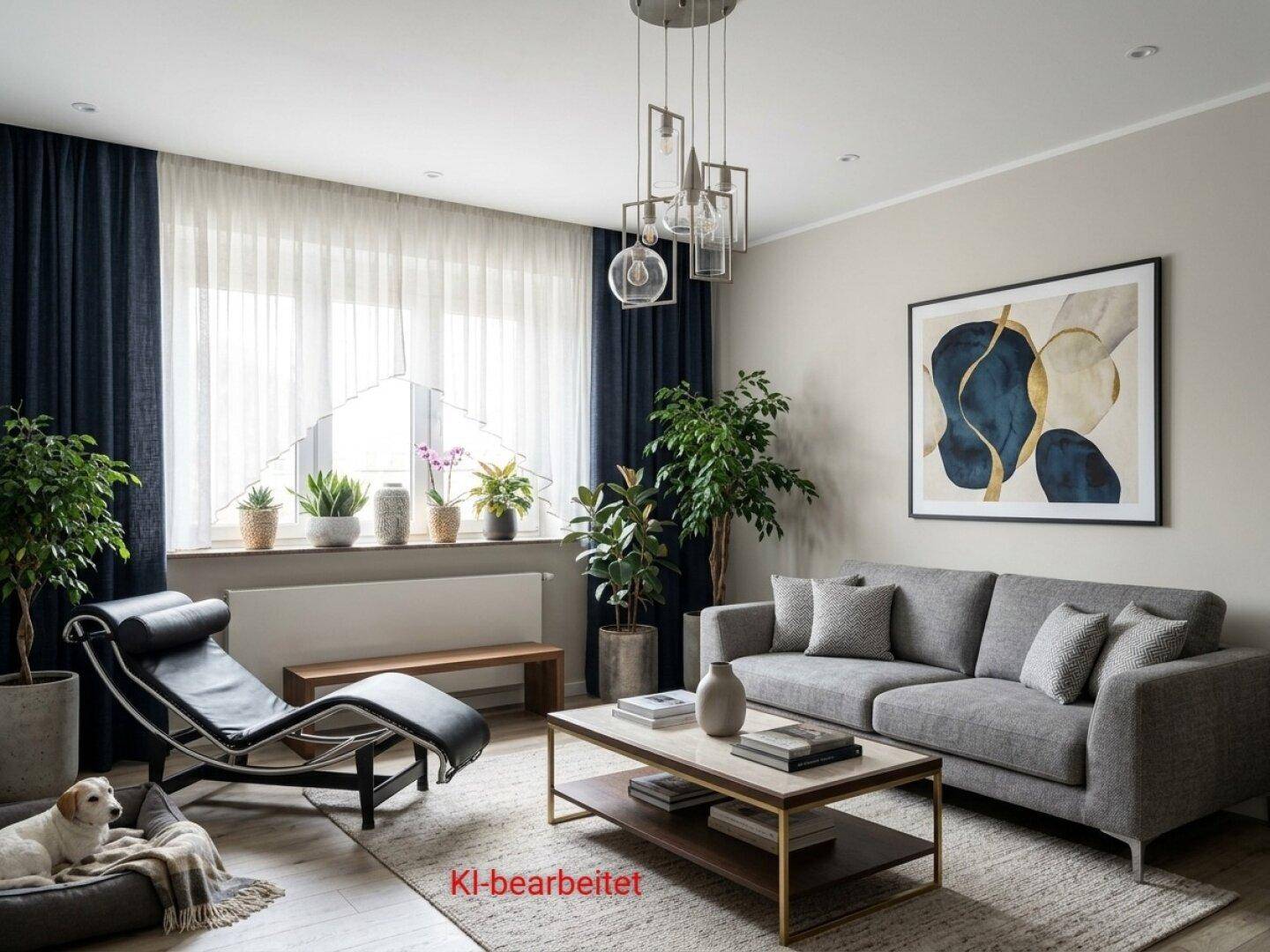 Elegantes Wohnzimmer mit modernem Sofa, Chaiselongue und großen Fenstern mit dunklen Vorhängen.
