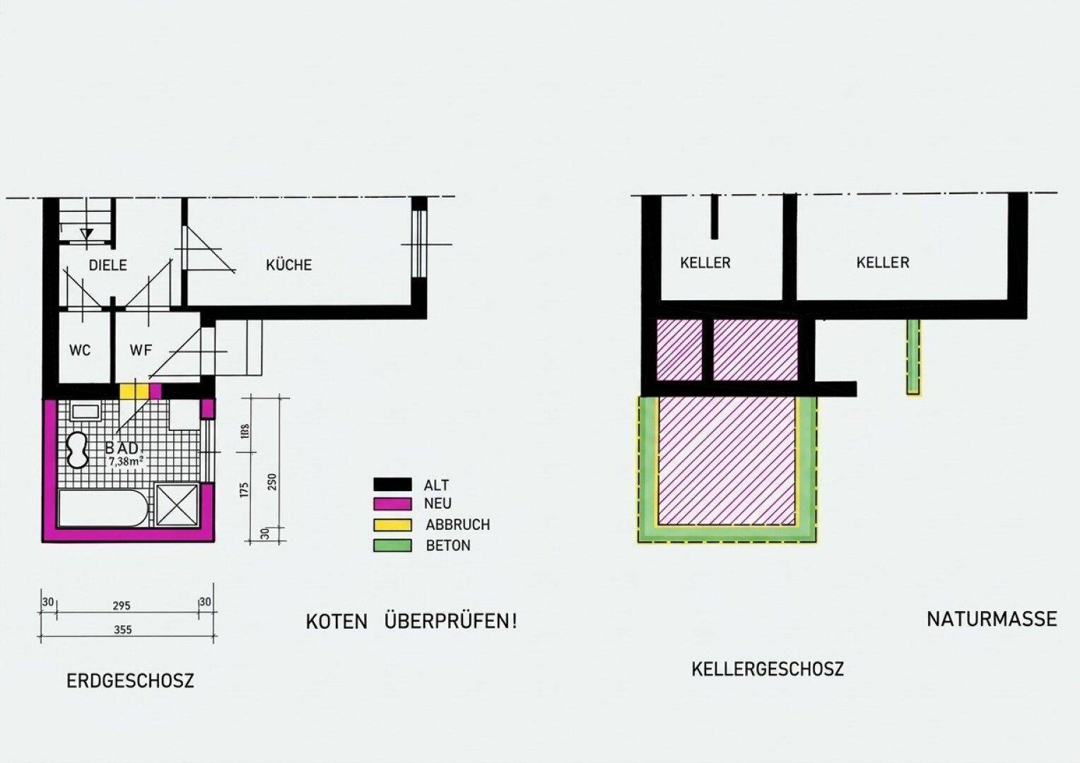 Grundriss des Erdgeschosses mit WC, Bad und Küche sowie des Kellergeschosses.
