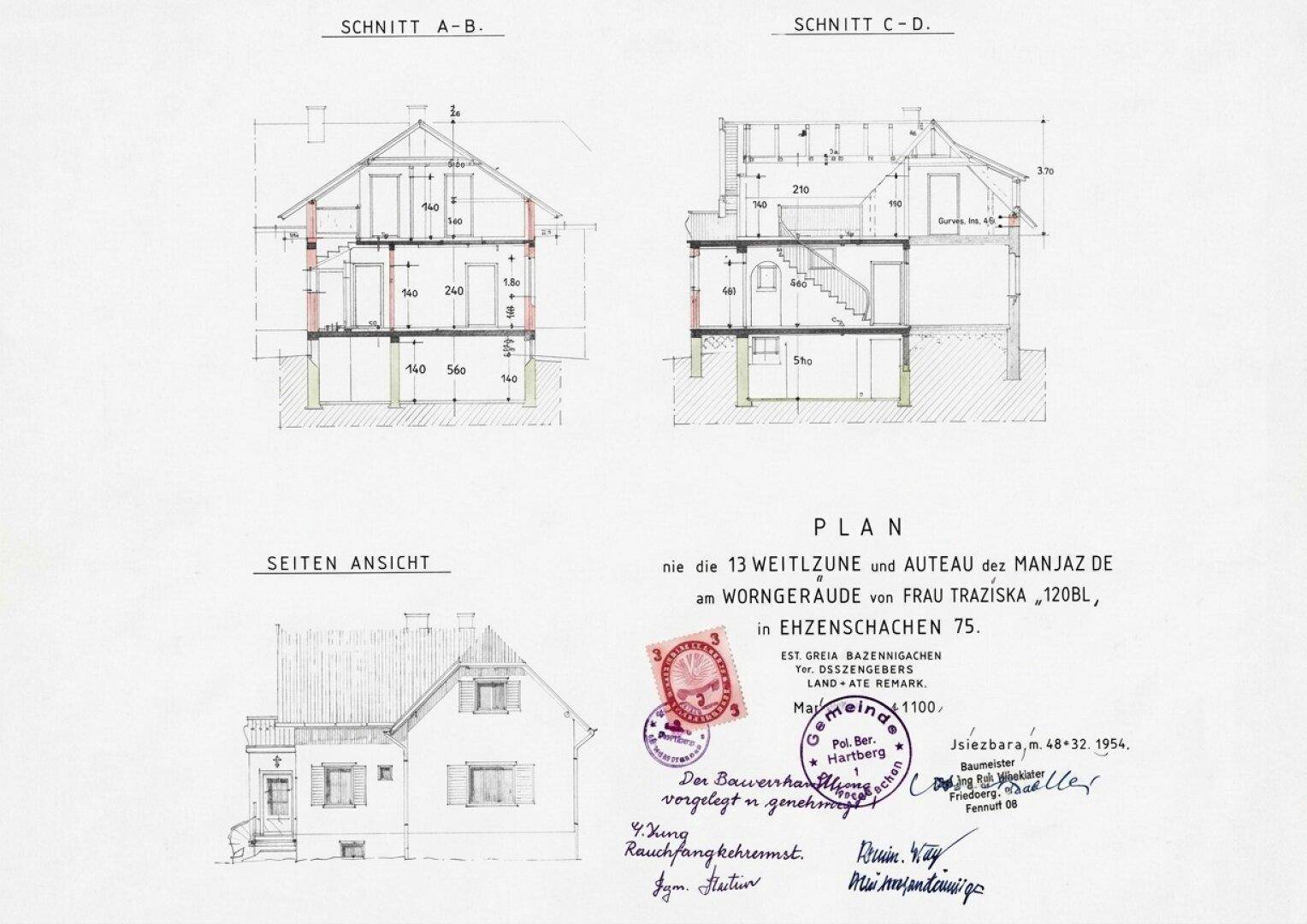 Architektonischer Plan mit Schnitten und Seitenansicht eines Hauses, inklusive technischer Details.