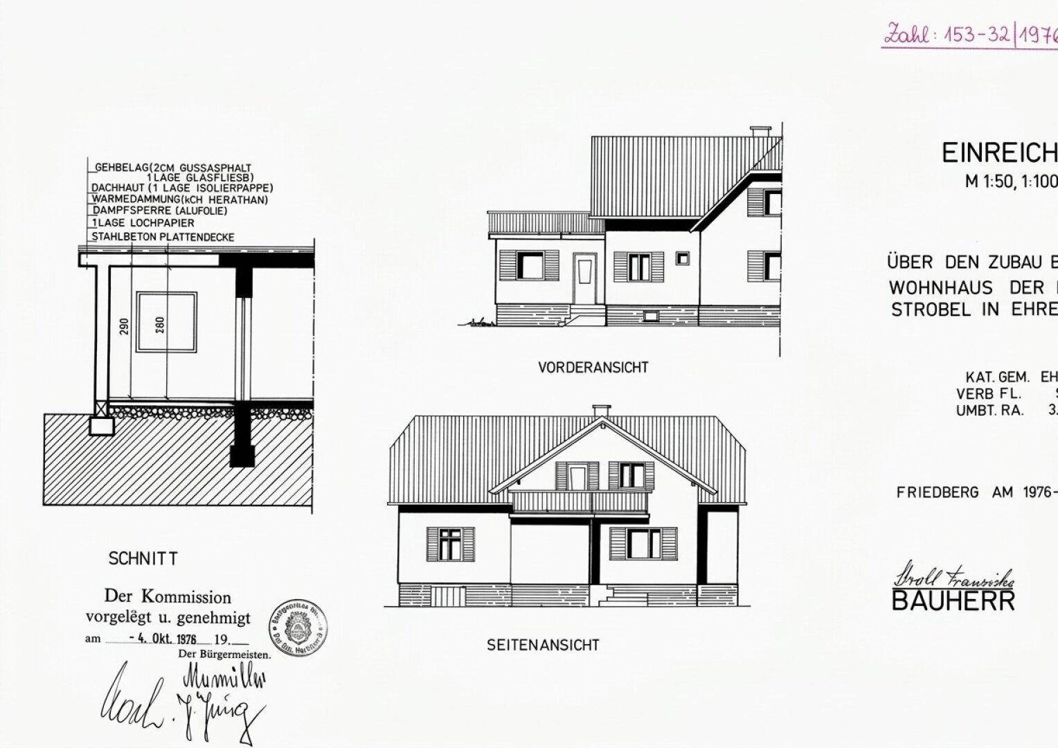 Architektonische Zeichnungen mit Schnitt, Vorderansicht und Seitenansicht eines Wohnhauses.