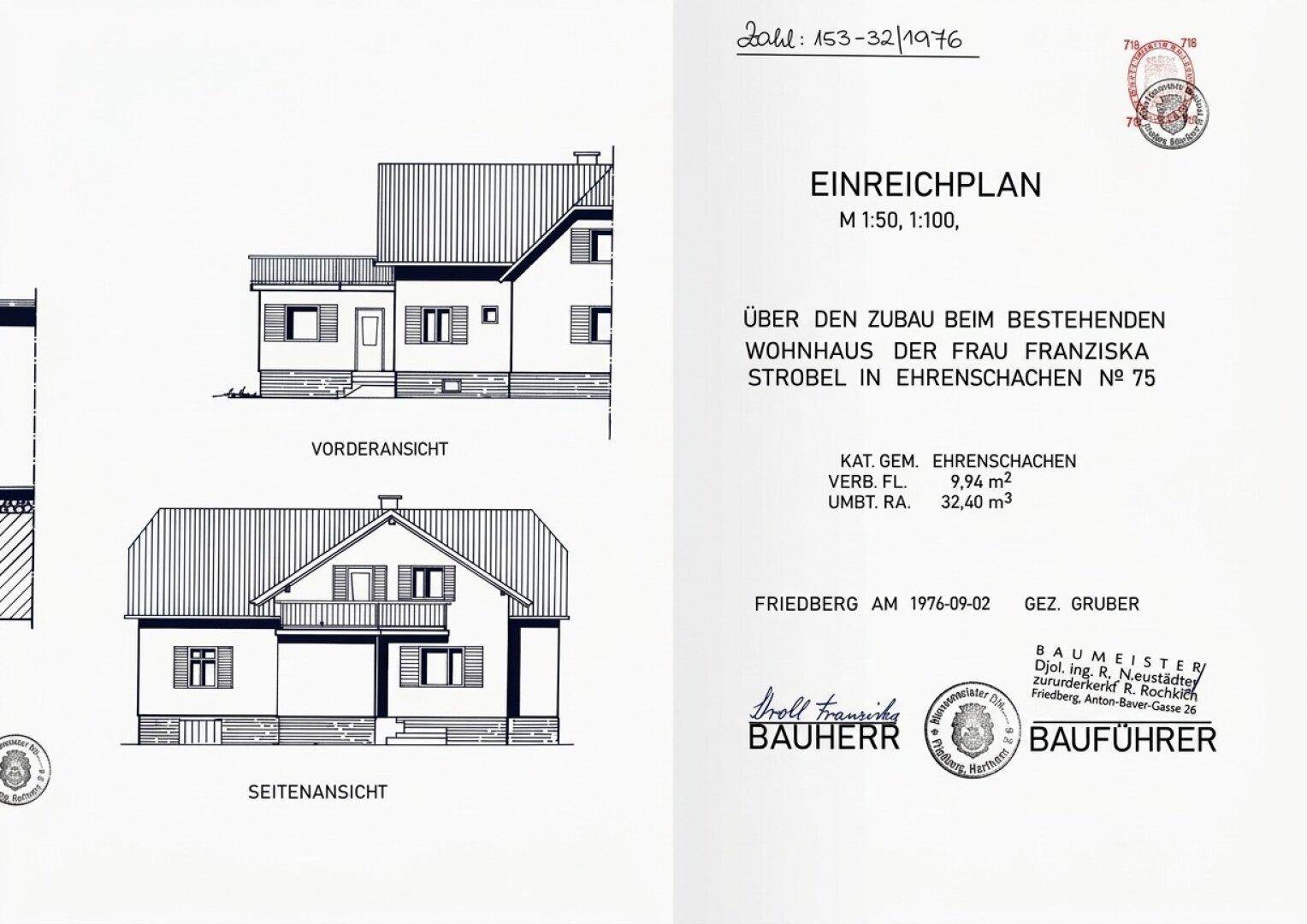 Einreichplan mit Vorderansicht und Seitenansicht eines Wohnhauses für den Umbau.