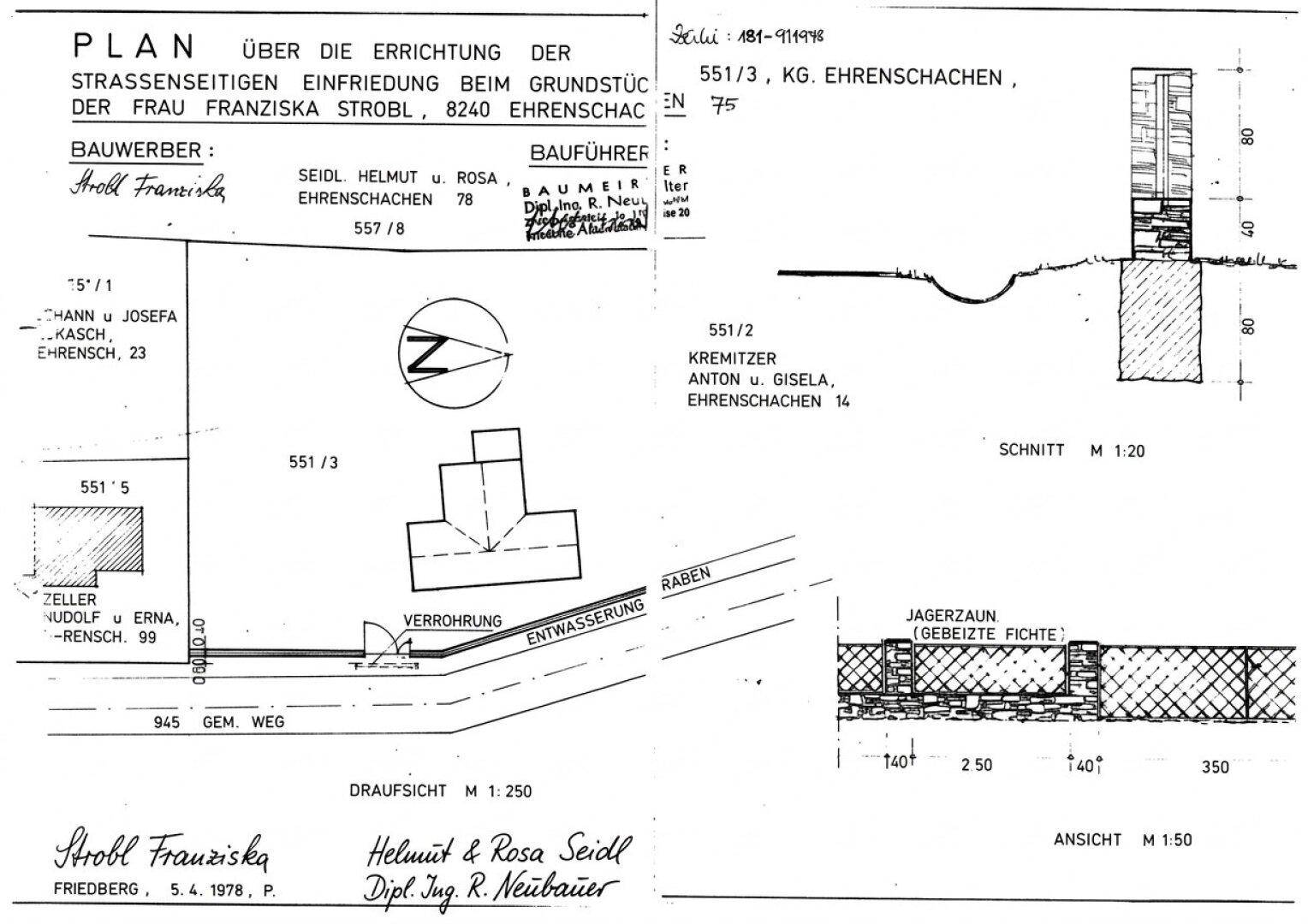 Plan zur Errichtung einer straßenseitigen Einfriedung mit Draufsicht und Zaundetail.