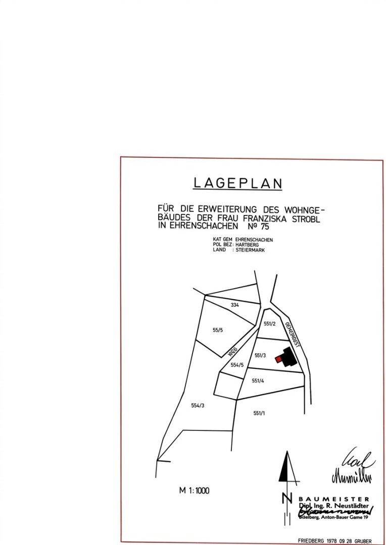 Lageplan des Wohngebäudes und umliegender Grundstücke in ländlicher Umgebung.
