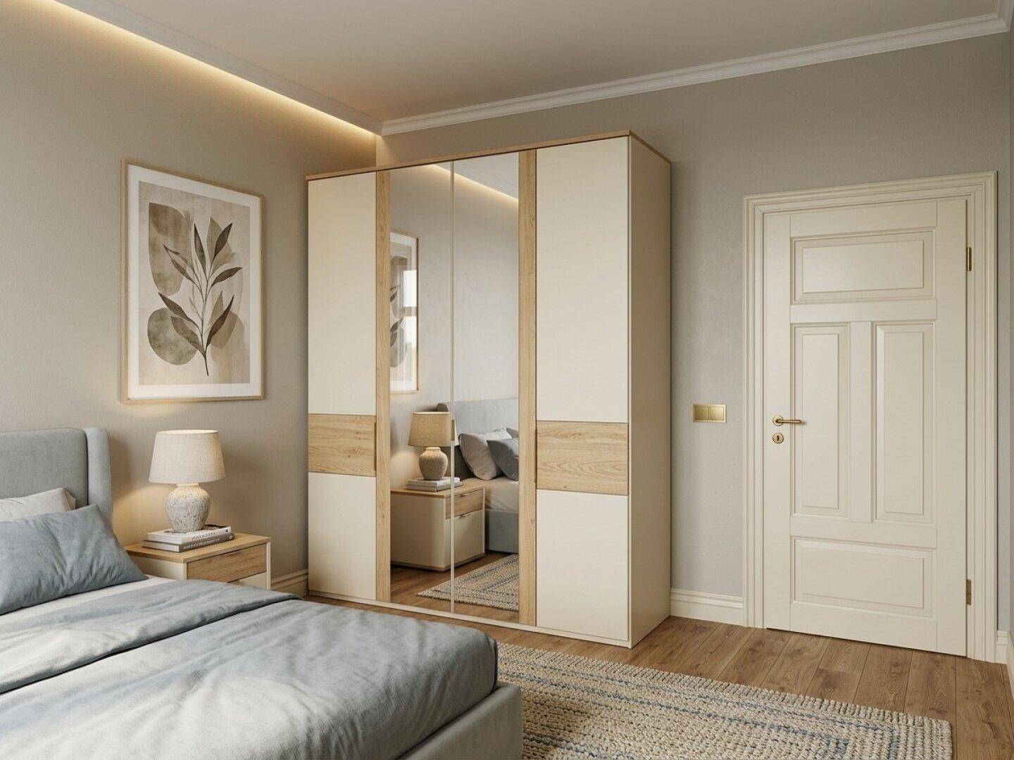 Modernes Schlafzimmer mit Bett, Nachttischen und großem Kleiderschrank mit Spiegeltüren.