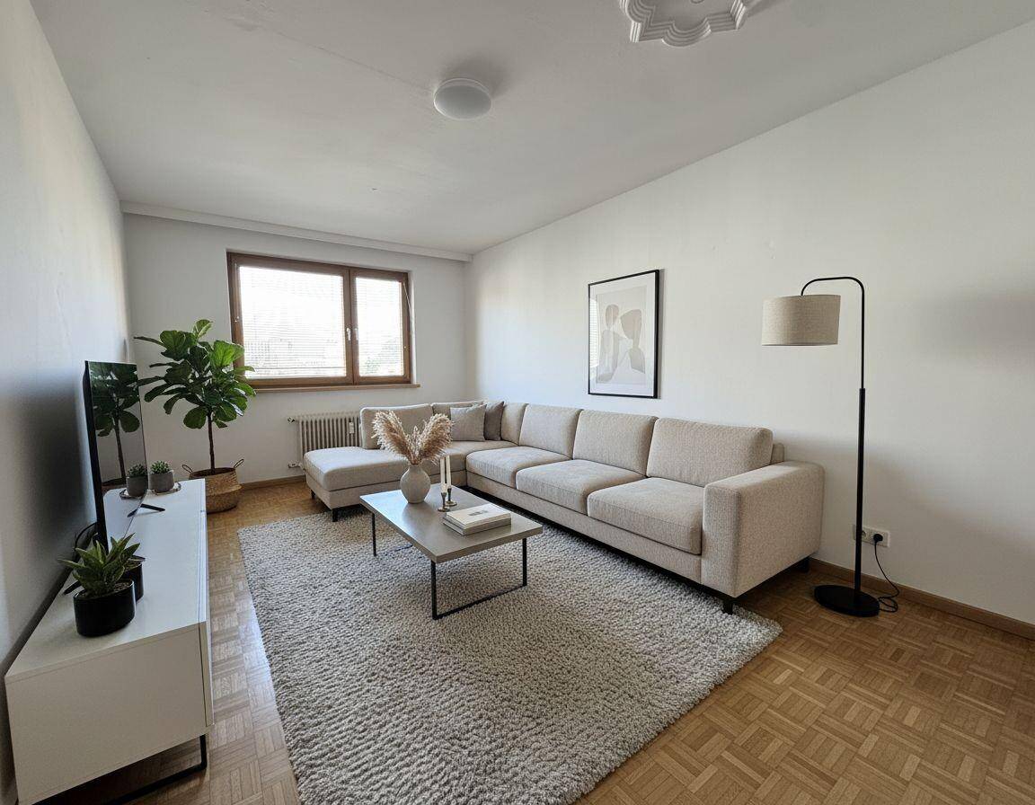 Helles Wohnzimmer mit großem Ecksofa, Teppich und Parkettboden.
