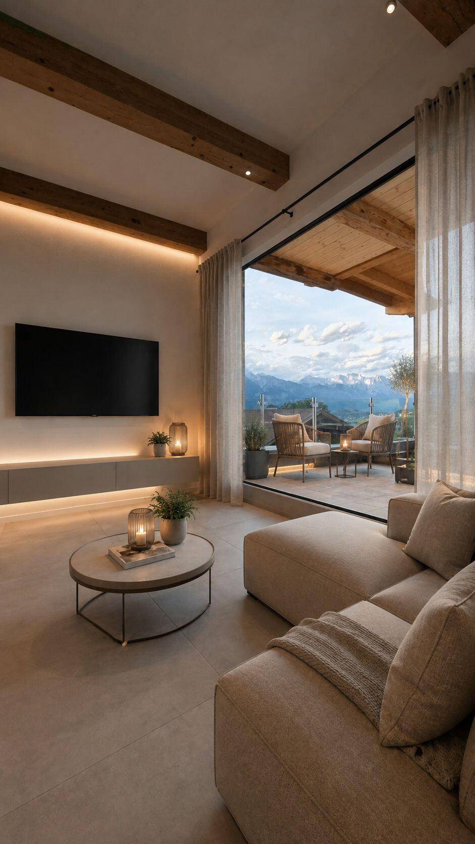 Modernes Wohnzimmer mit beigem Sofa, Holzbalkendecke und Zugang zu einer Terrasse mit Bergblick.