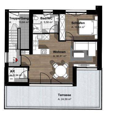 Grundriss einer Wohnung mit Schlafzimmer, Wohnbereich, Bad und großer Terrasse.