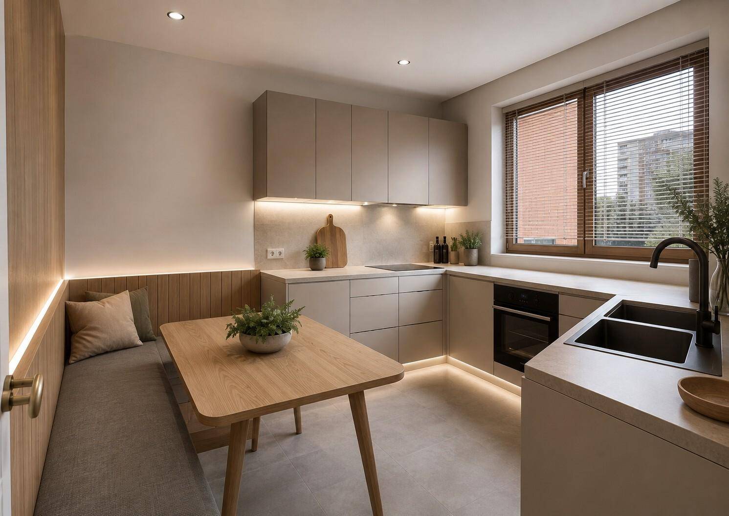 Moderne Küche mit integrierter Sitzbank, Holztisch und indirekter Beleuchtung, ideal für Mahlzeiten.