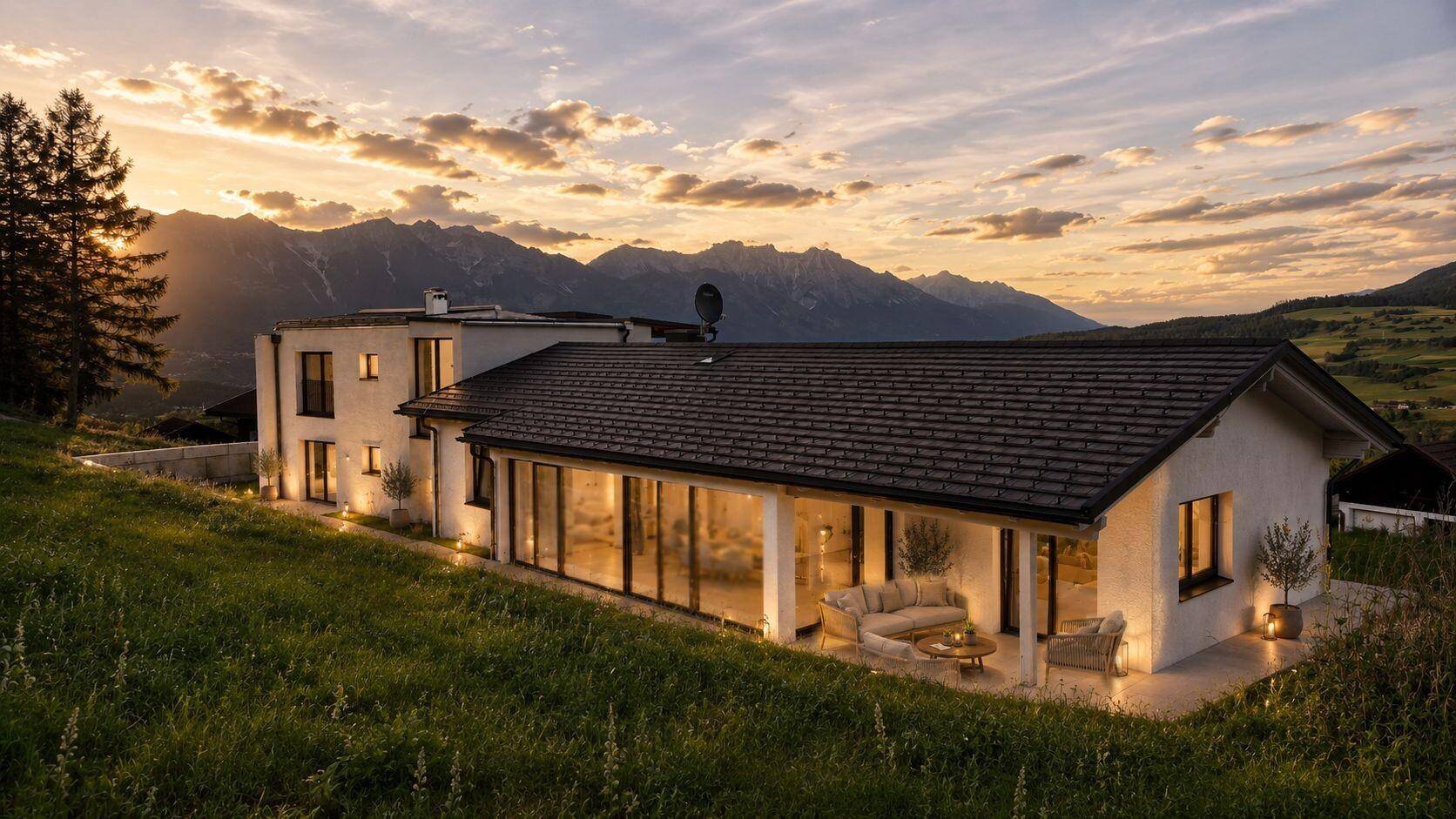 Modernes Wohnhaus in Hanglage mit weitem Blick auf die umliegende Berglandschaft bei Sonnenuntergang.