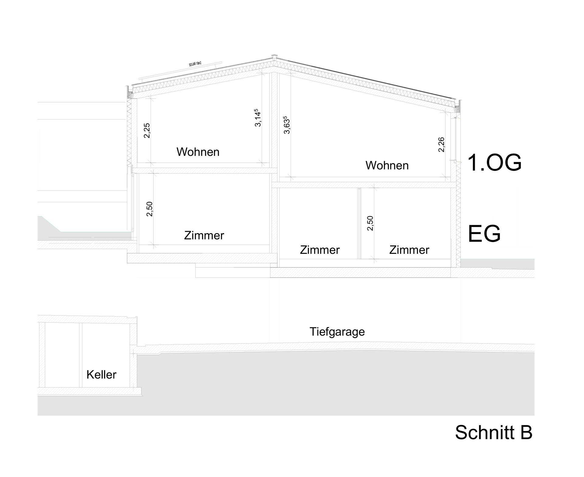 Schnittansicht des Gebäudes zeigt die Aufteilung der Geschosse und die Tiefgarage.