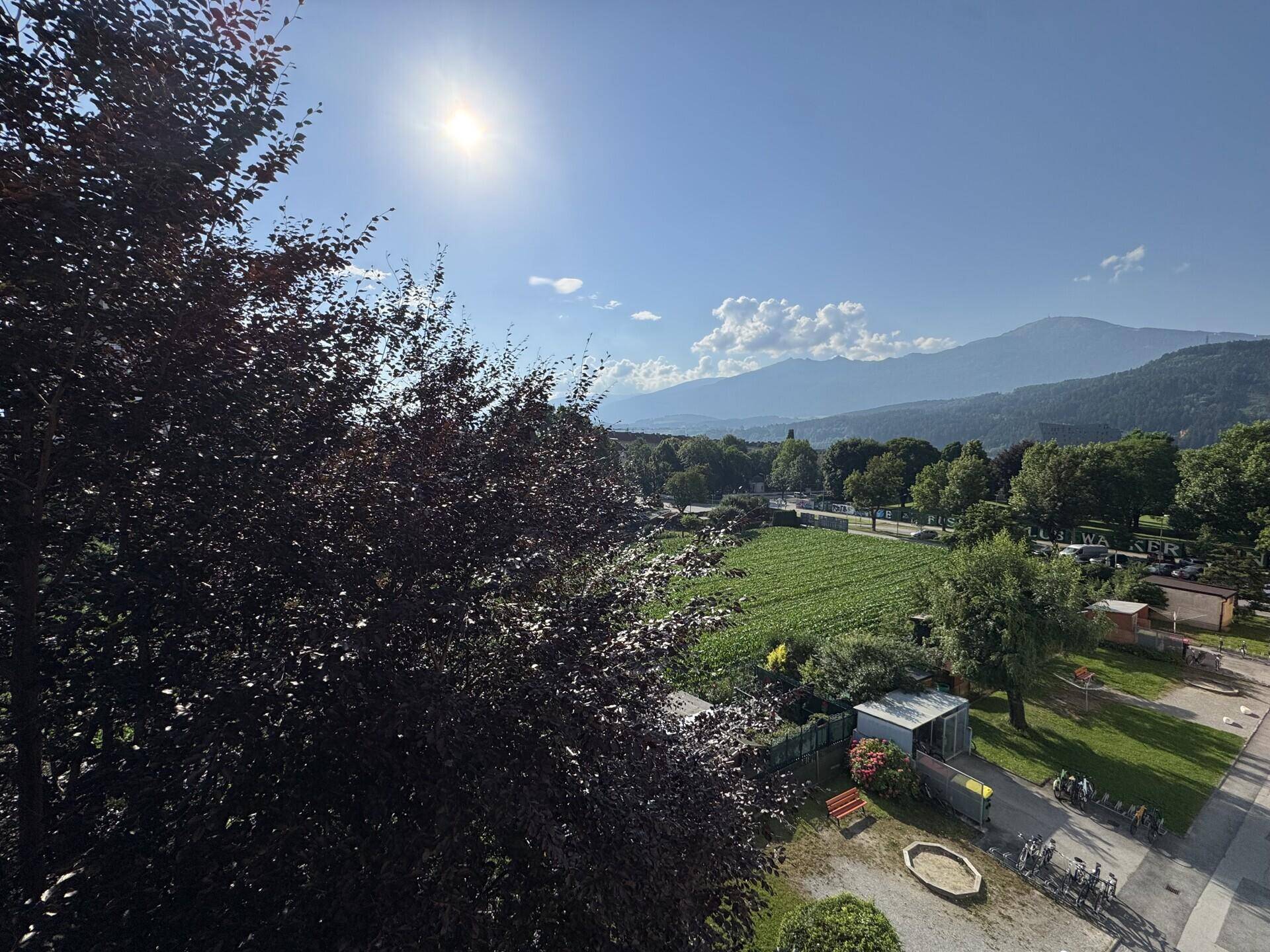 Weitläufiger Blick über grüne Felder und Bäume bis zu den Bergen unter strahlend blauem Himmel.