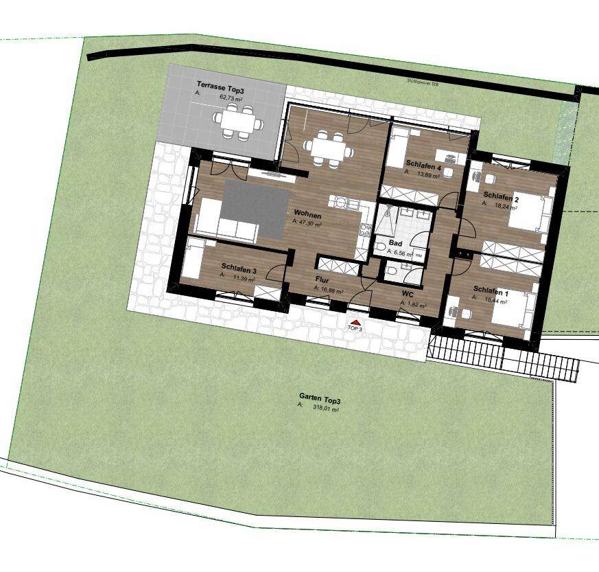 Grundriss des Erdgeschosses mit Wohnbereich, Schlafzimmern, Bad, WC und großer Terrasse.