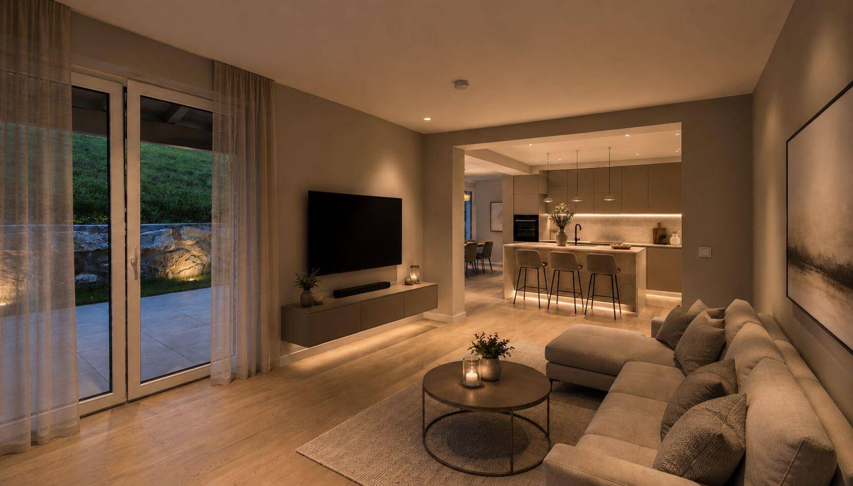 Moderner Wohnbereich mit Sofa, Fernseher und Blick auf die offene Küche und den Zugang zur Terrasse.