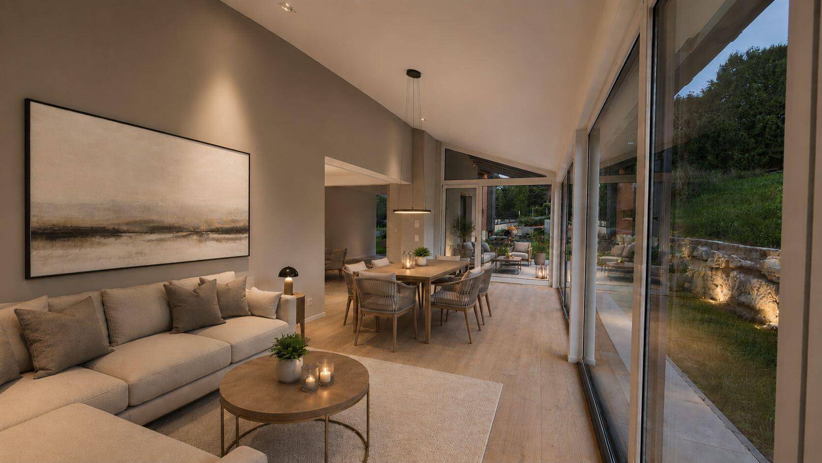 Heller Wohn- und Essbereich mit großen Fensterfronten, Holzboden und modernem Mobiliar.