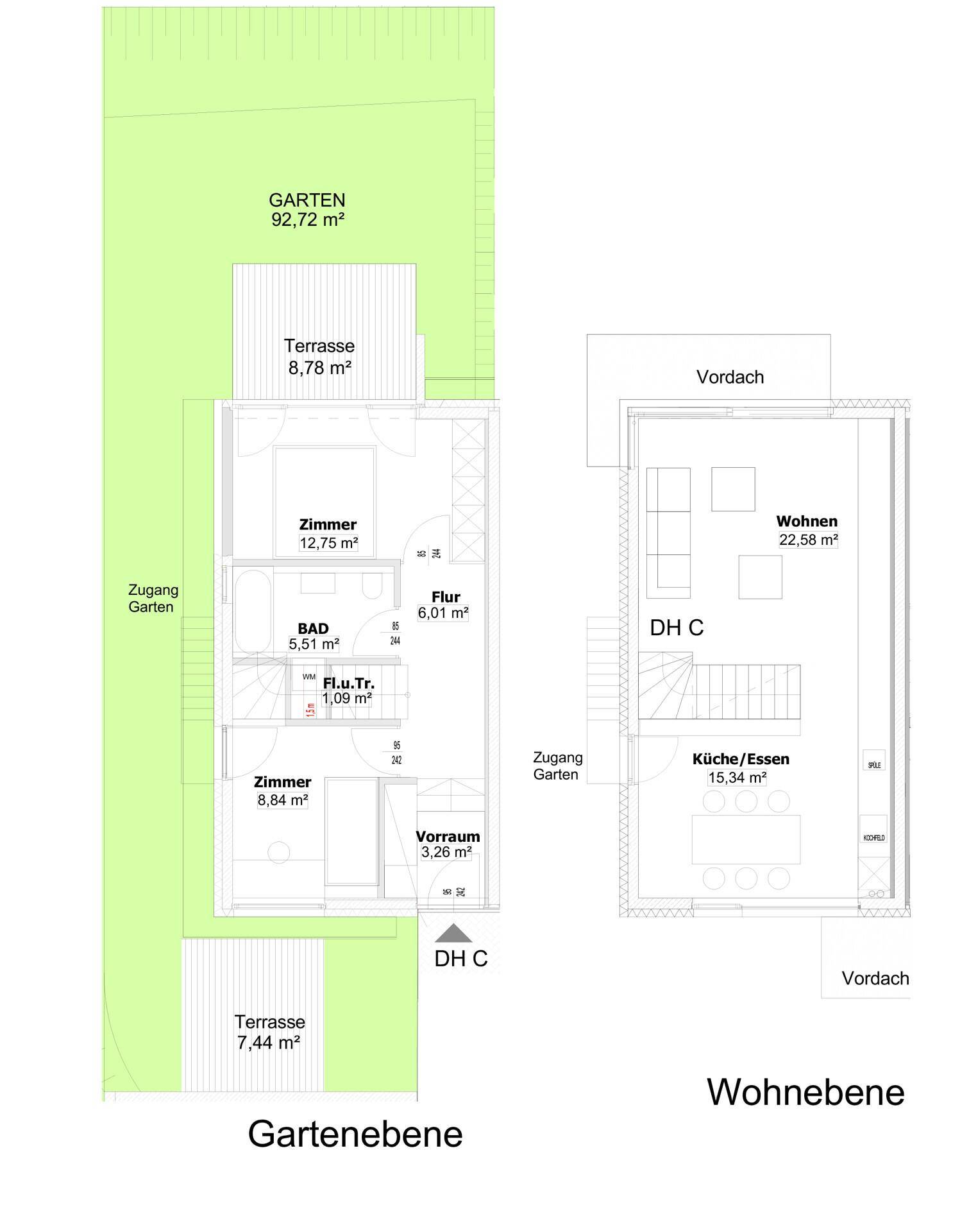 Grundriss der Gartenebene und Wohnebene mit Zimmern, Bad, Flur, Terrassen und Garten.