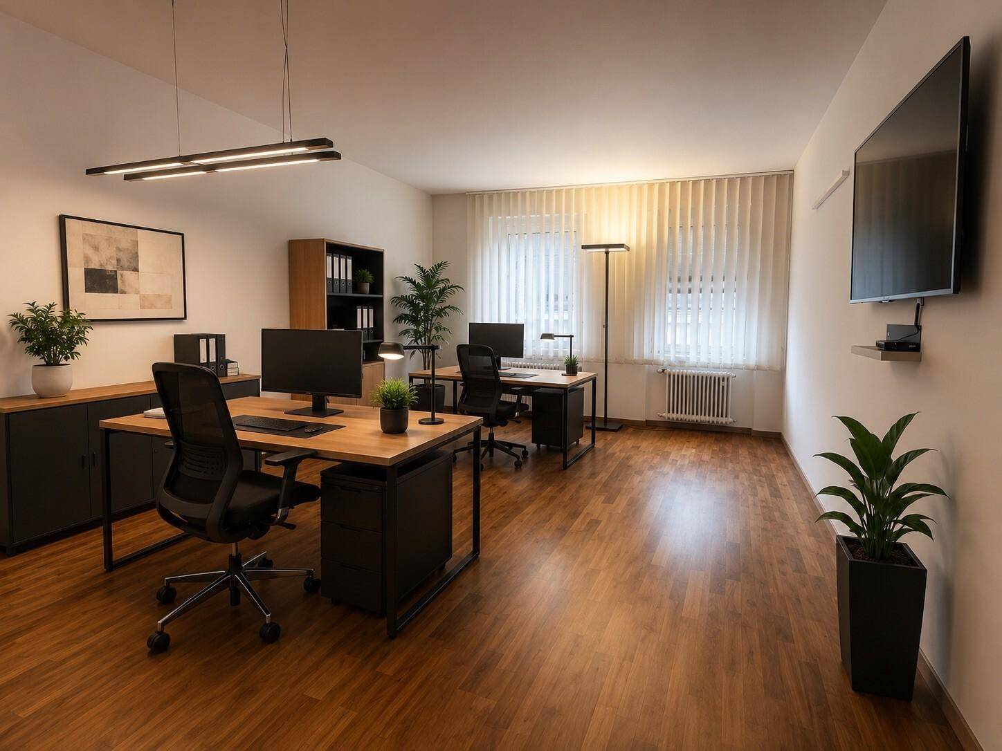 Modernes Büro mit Holzplankenboden, zwei Arbeitsplätzen, Wandfernseher und großen Fenstern mit Jalousien.