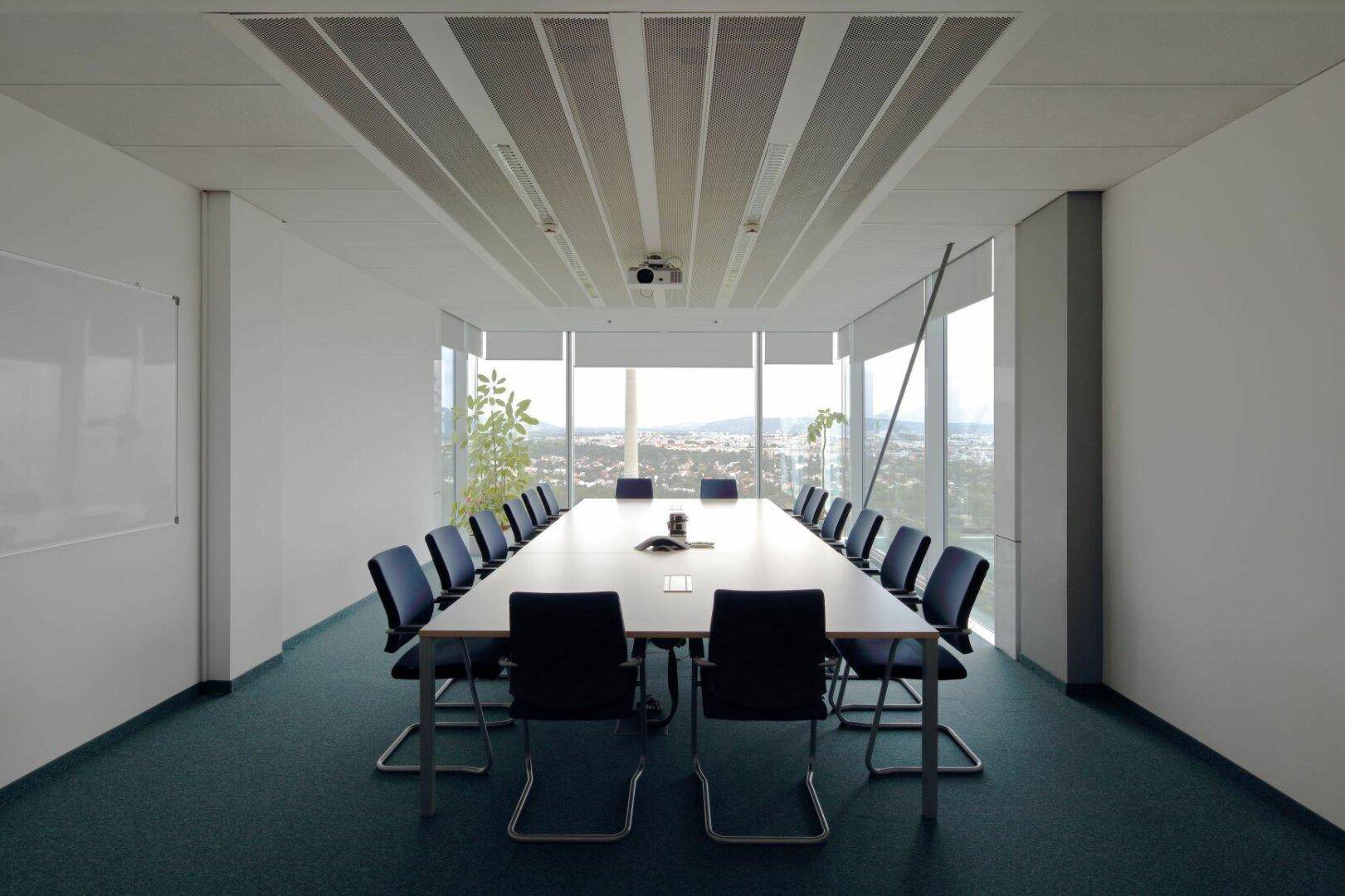 Großer Konferenzraum mit langem Tisch, vielen Stühlen und Projektor, bietet weite Aussicht.