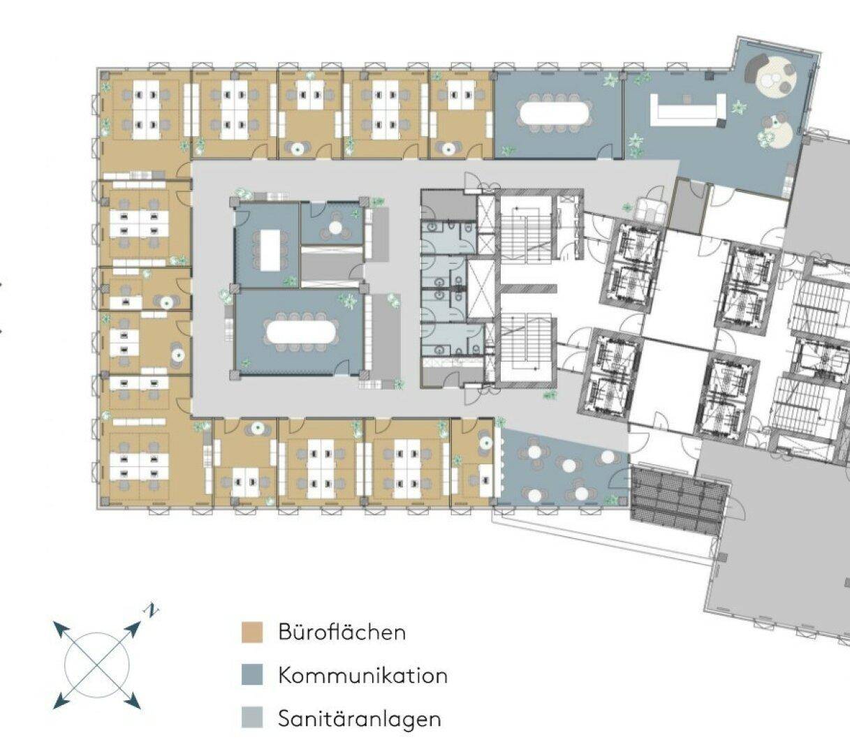 Detaillierter Grundriss einer Büroetage mit verschiedenen Funktionsbereichen und Aufteilungen.