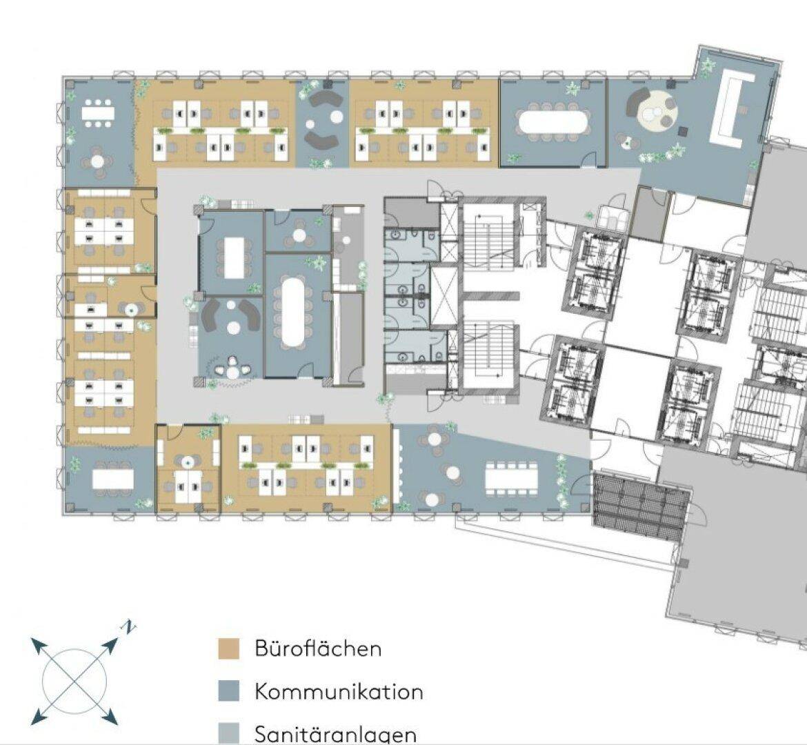 Büroetagen-Grundriss mit verschiedenen Zonen für Einzel- und Gruppenarbeit sowie Besprechungsräume.