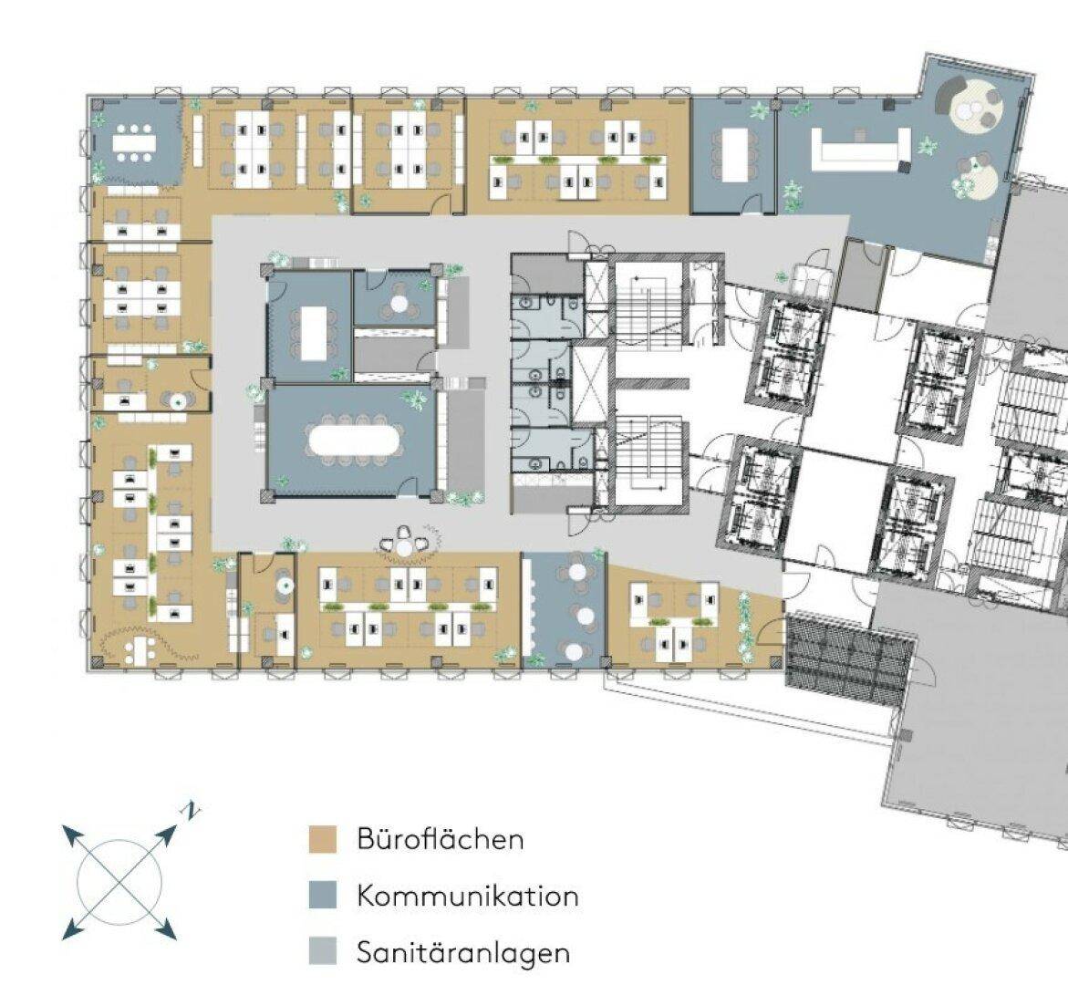Grundriss einer Büroetage mit flexiblen Arbeitsbereichen und Kommunikationszonen.