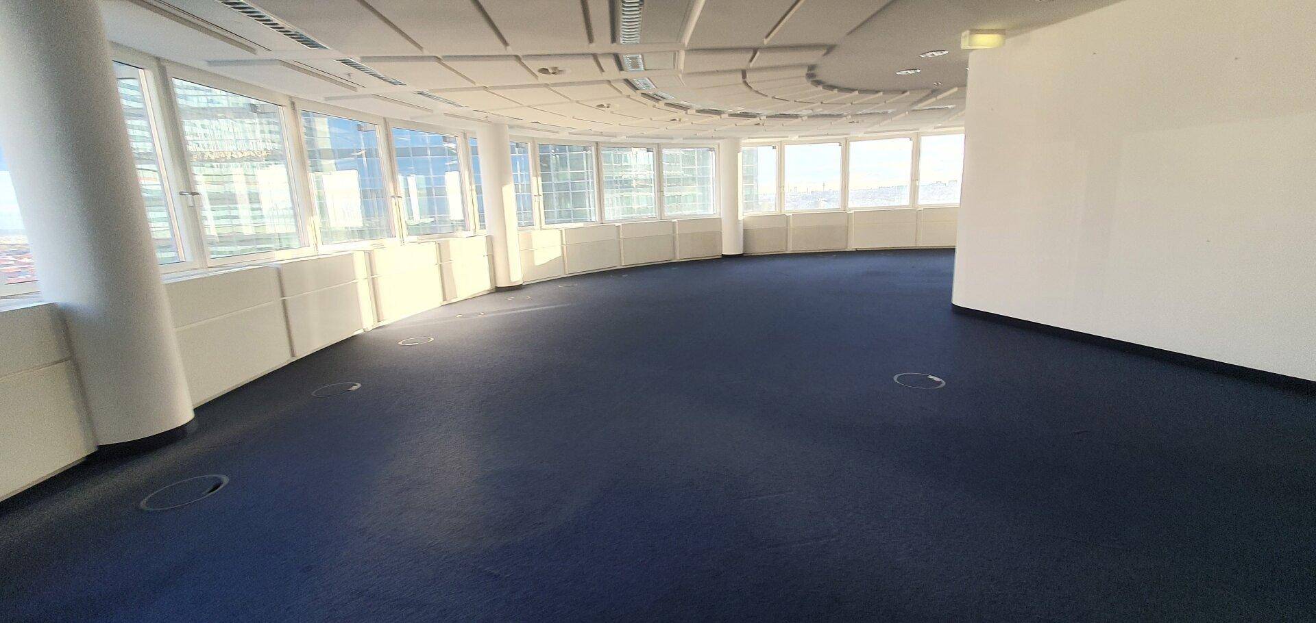 Weiter Büroraum mit blauer Teppichboden und vielen Fenstern, die eine helle Arbeitsumgebung schaffen.
