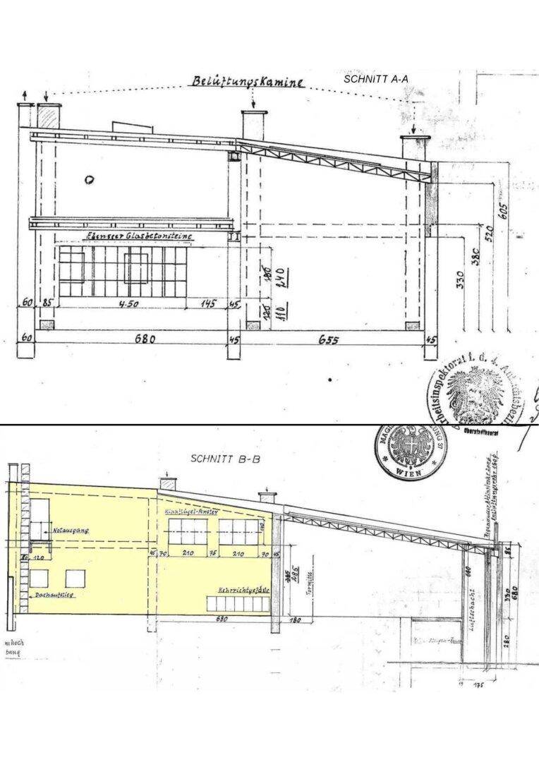 Architektonische Schnittzeichnungen des Gebäudes, die die Dachkonstruktion und Fensterdetails zeigen.