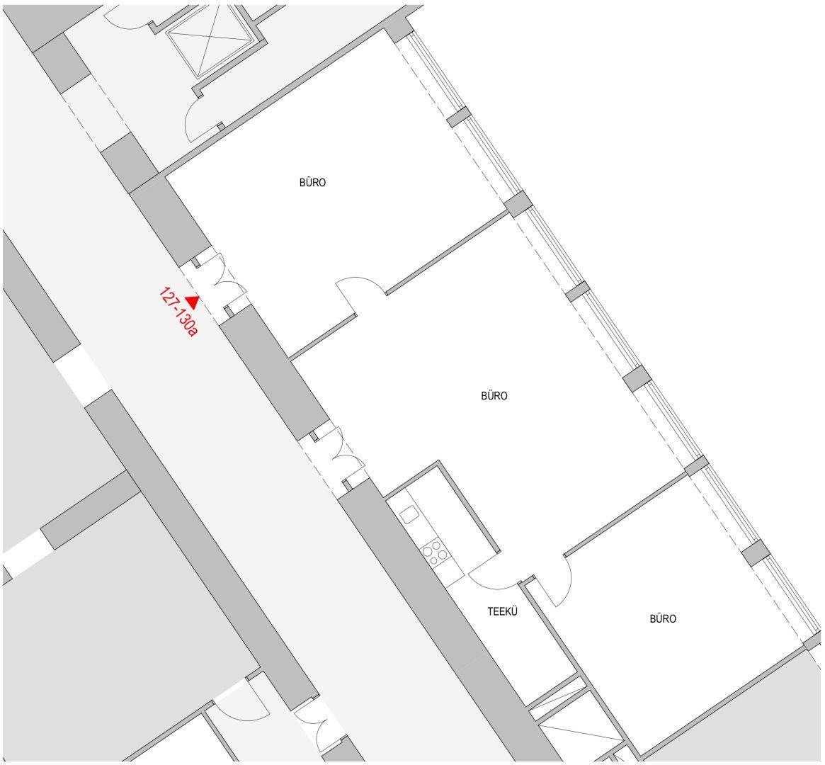 Grundriss zeigt mehrere Büroräume und eine Teeküche in einem modernen Layout.