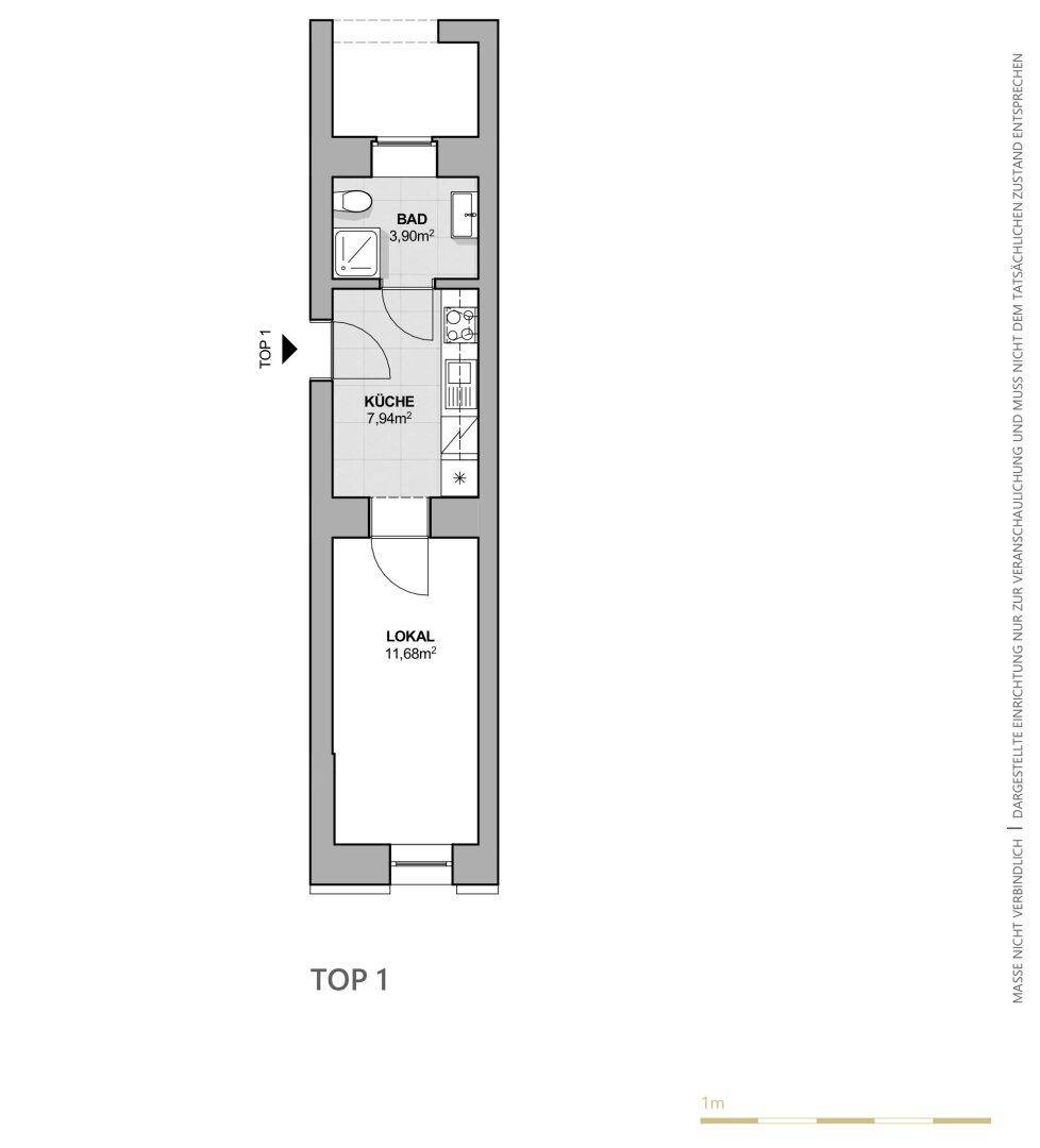 Grundriss für Top 1 mit einem langen, schmalen Layout, inklusive Lokal, Küche und Badezimmer.