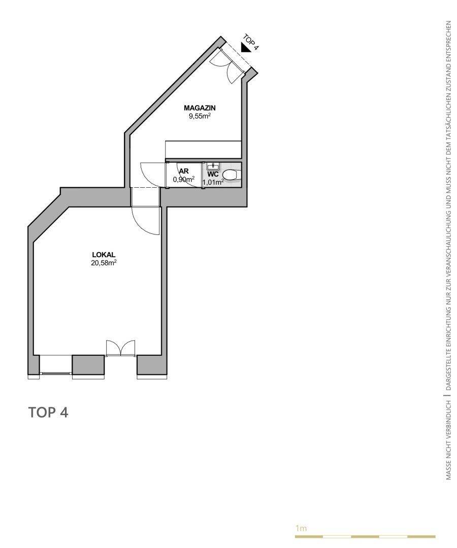 Grundriss eines Ladenlokals mit Lagerraum und separatem WC, inklusive Flächenangaben.