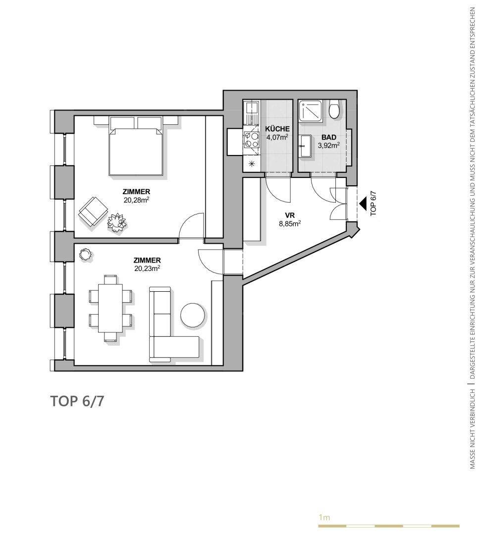 Grundriss einer Wohnung mit Küche, Bad und zwei Zimmern, die als Schlaf- und Wohnbereich genutzt werden können.
