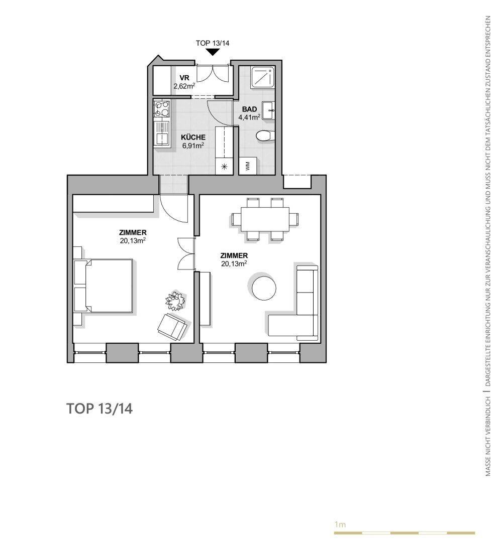 Grundriss einer Wohnung mit zwei Zimmern, separater Küche und Bad, ideal für Singles oder Paare.