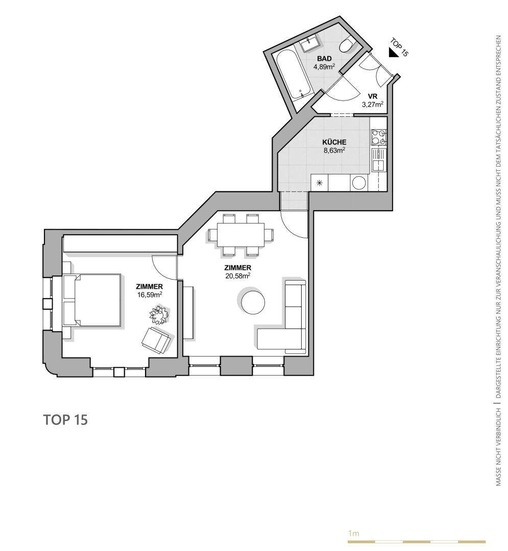 Grundriss der Wohnung TOP 15 mit Schlafzimmer, offenem Wohn-Essbereich, Küche und Bad.
