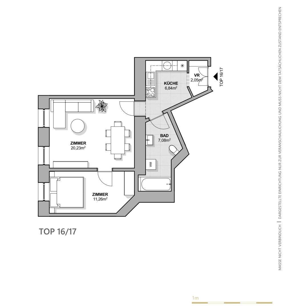 Grundriss einer Wohnung mit zwei Zimmern, separater Küche und Bad, inklusive Flächenangaben in Quadratmetern.