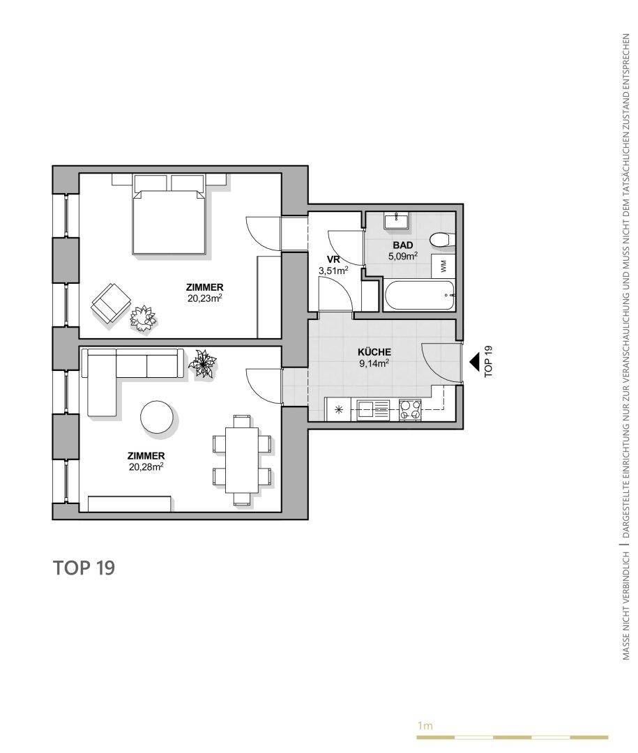 Grundriss einer Wohnung mit zwei Zimmern, Bad, Küche und Vorraum, Gesamtfläche 50,76m².