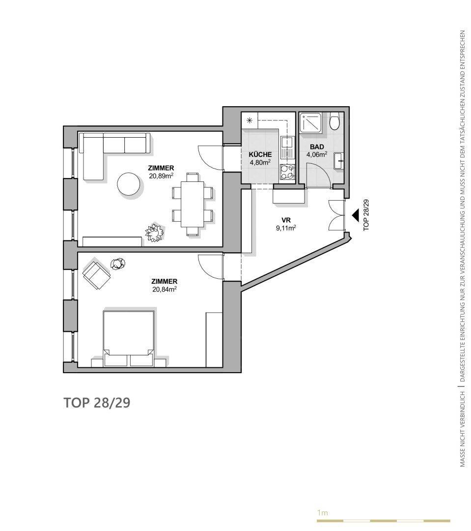 Grundriss einer Wohnung mit zwei Zimmern, offener Küche, Bad und separatem WC sowie einem Balkon.