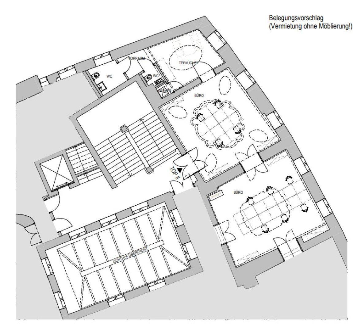 Grundriss des Erdgeschosses mit Büroräumen, Teeküche und Toiletten, zeigt eine effiziente Raumaufteilung.