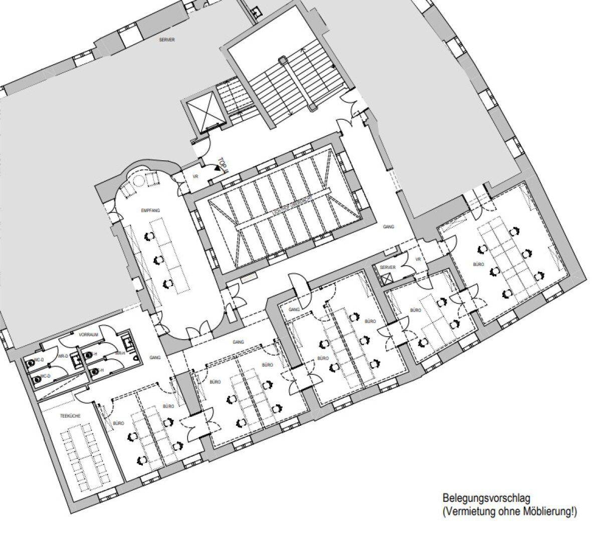 Grundriss des Obergeschosses mit mehreren Büros, Empfangsbereich und Sanitäranlagen, gut strukturiert.