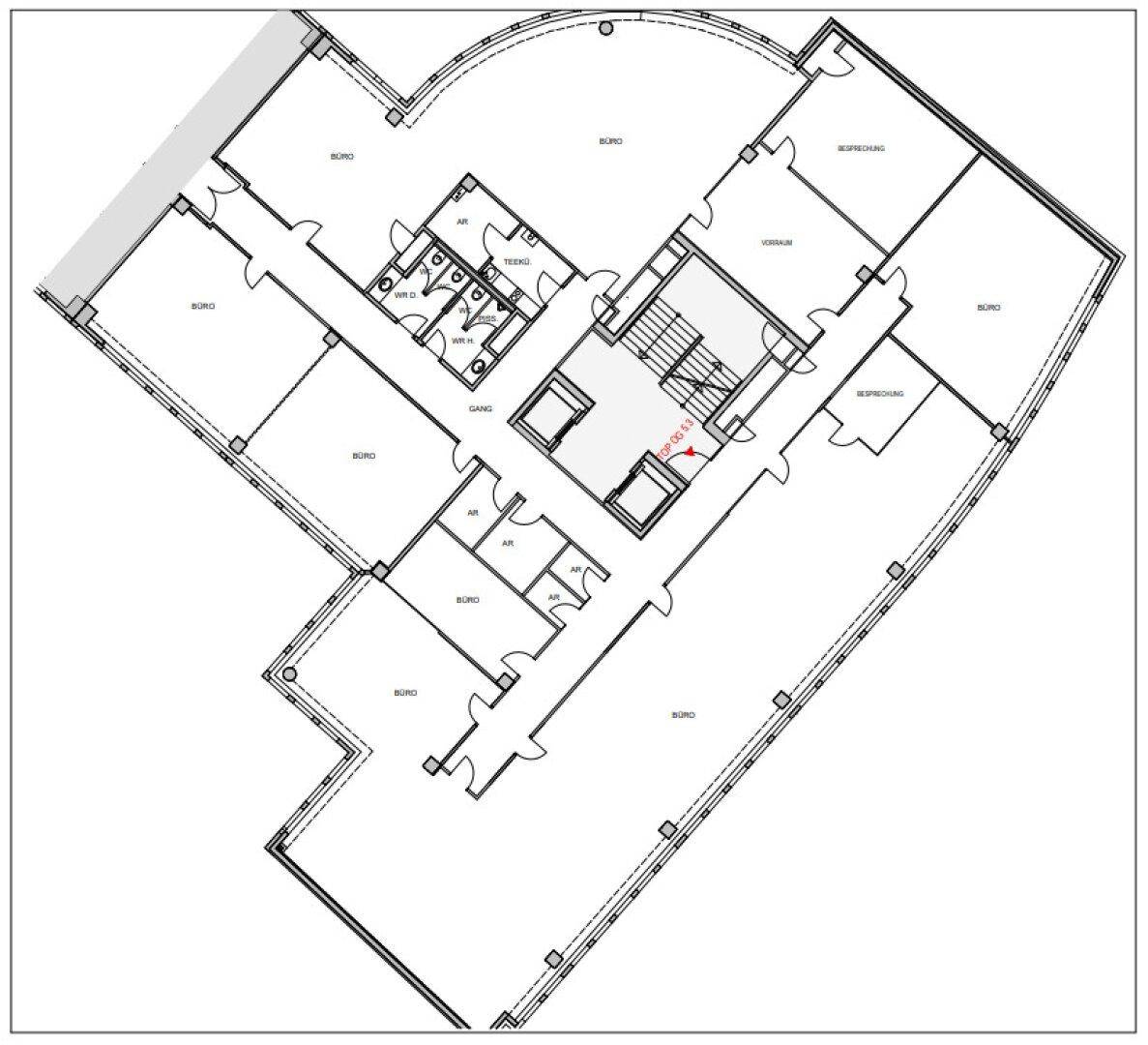 Grundrissplan einer Büroetage mit mehreren Büros, Besprechungsräumen und Sanitäranlagen.