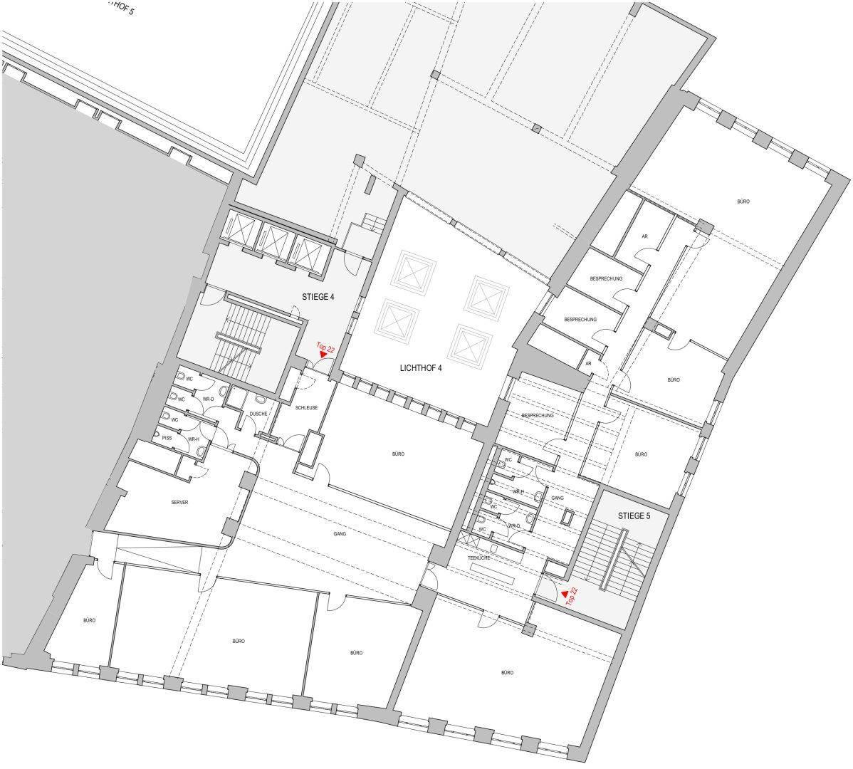 Grundrissplan eines Bürogebäudes mit mehreren Büros und einem Lichthof.
