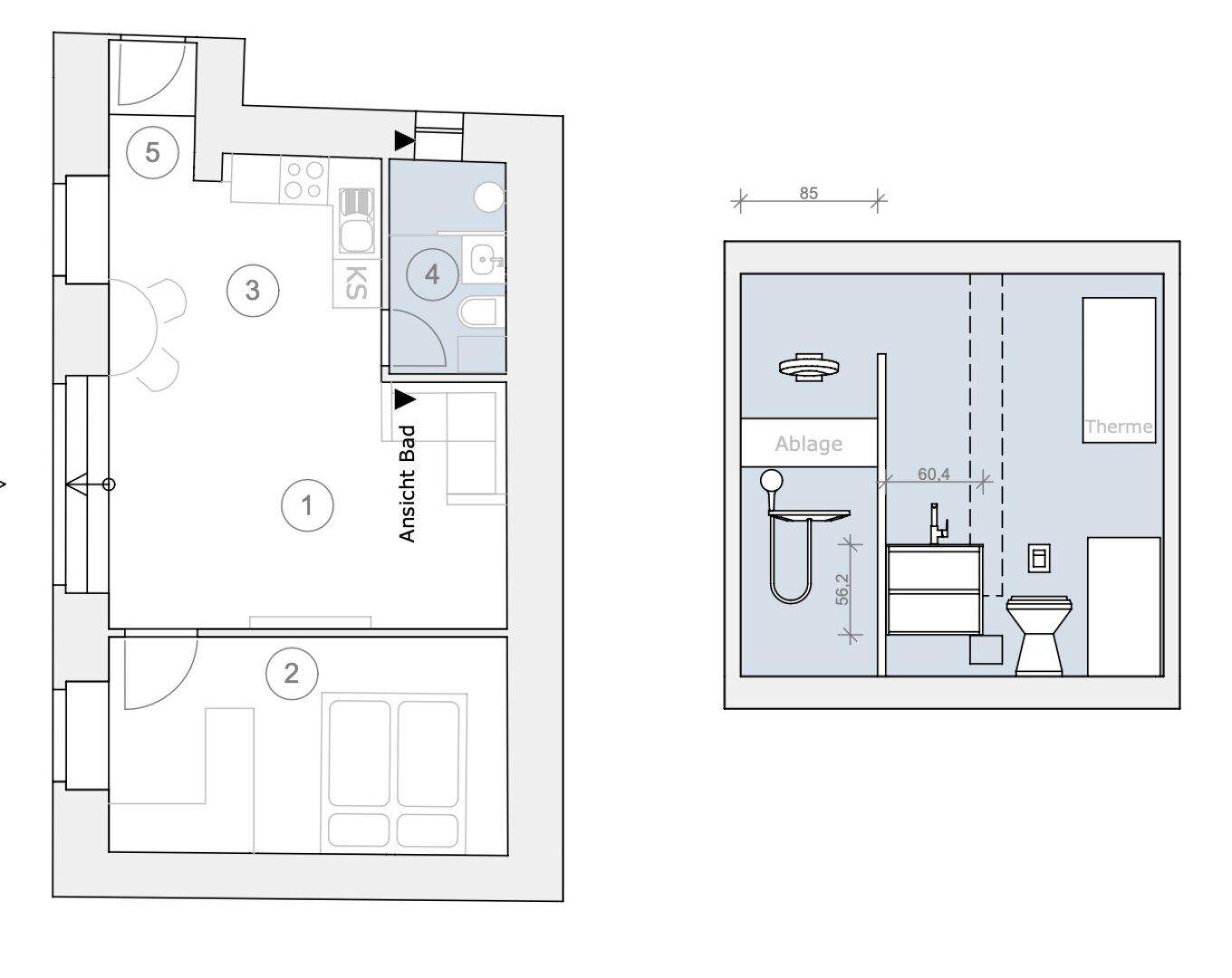Grundriss einer kleinen Wohnung mit offenem Wohnbereich, Schlafzimmer und Badezimmer.