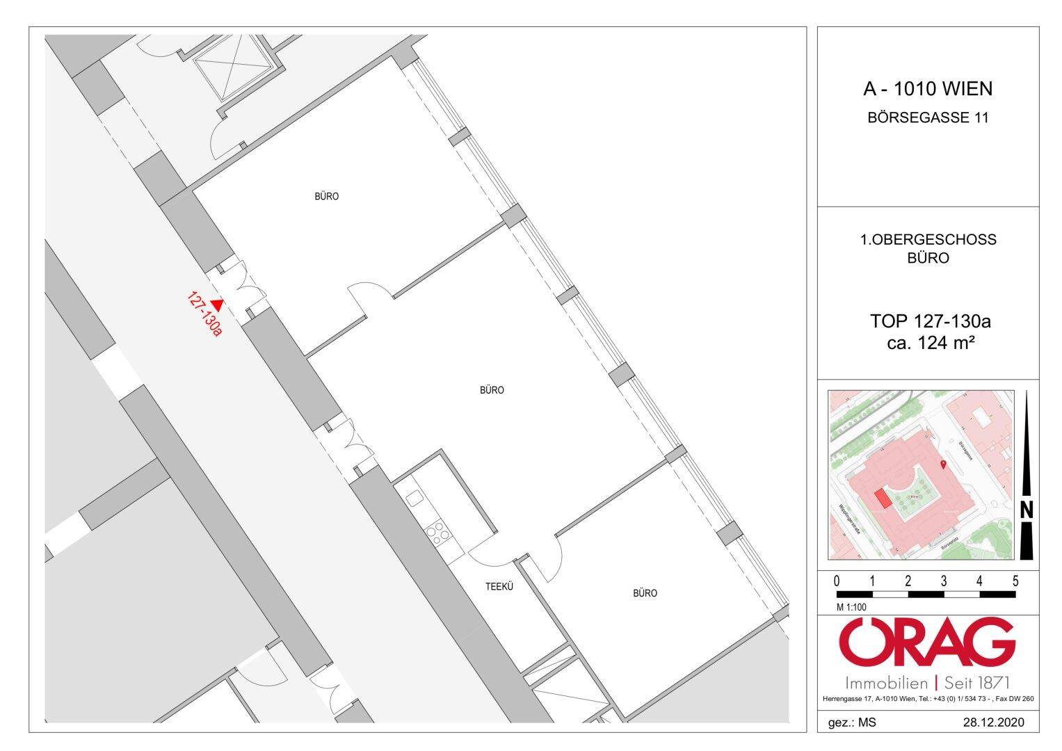 Dieser Grundriss zeigt ein Büro auf der ersten Etage mit mehreren Räumen und einer Teeküche.