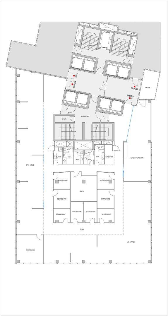 Grundriss eines Bürogebäudes mit verschiedenen Büroräumen, Treppenhäusern und Aufzügen auf mehreren Ebenen.