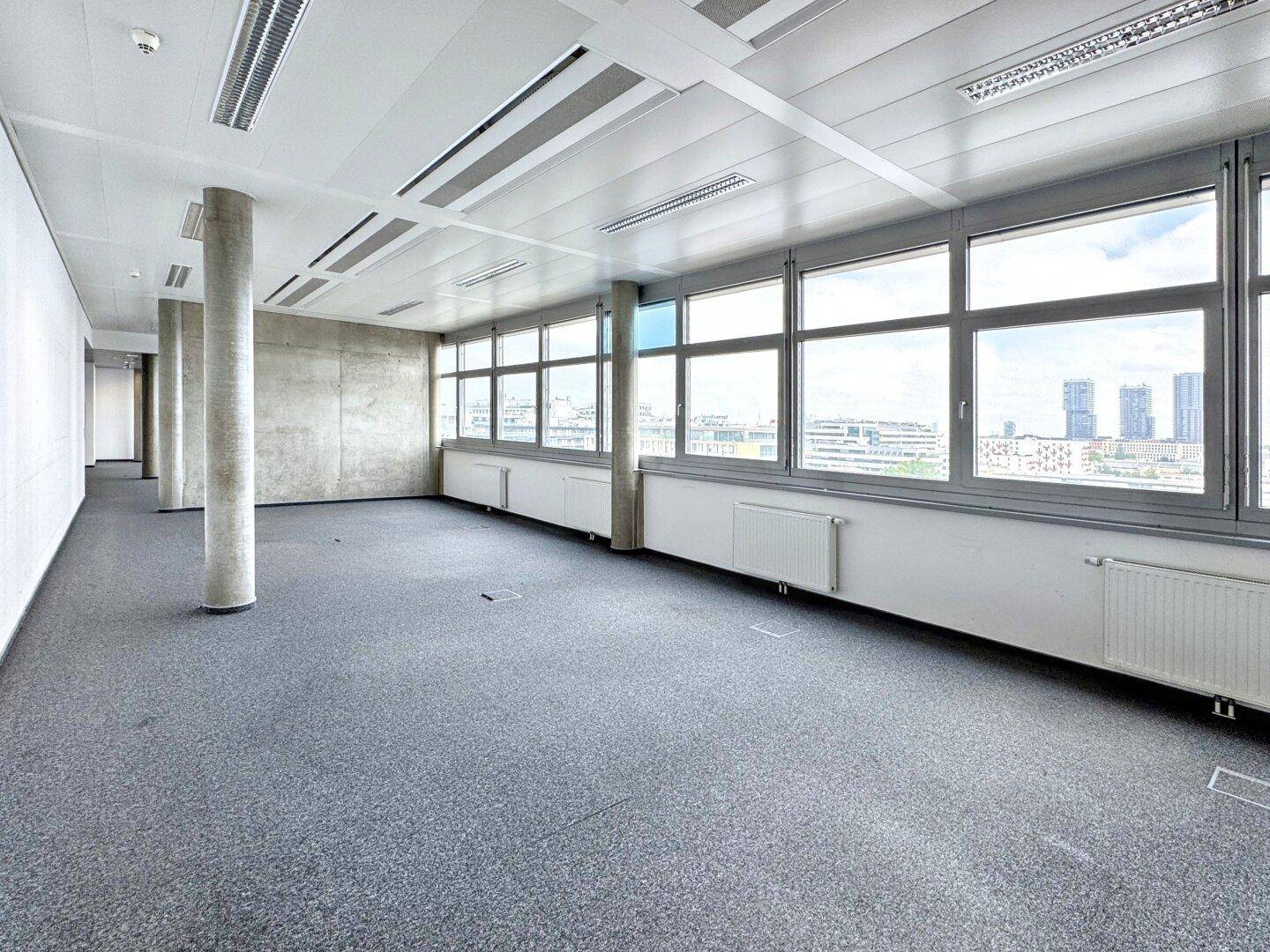 Geräumiger, leerer Büroraum mit Teppichboden, Betonsäulen und durchgehenden Fensterfronten.