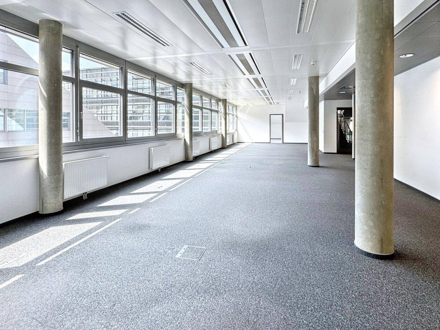 Großer, heller Büroraum mit Teppichboden, Säulen und weitreichendem Blick durch die Fensterfront.